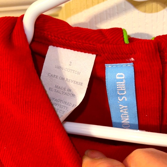 Mondays Child girls size 2 Christmas red corduroy dress with appliqué tree - Picture 3 of 3